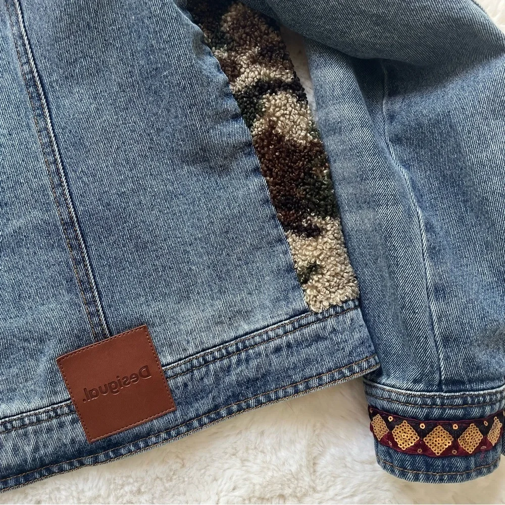 Desigual Denim Camouflage Jean Jacket with Faux Fur XL - Picture 10 of 15